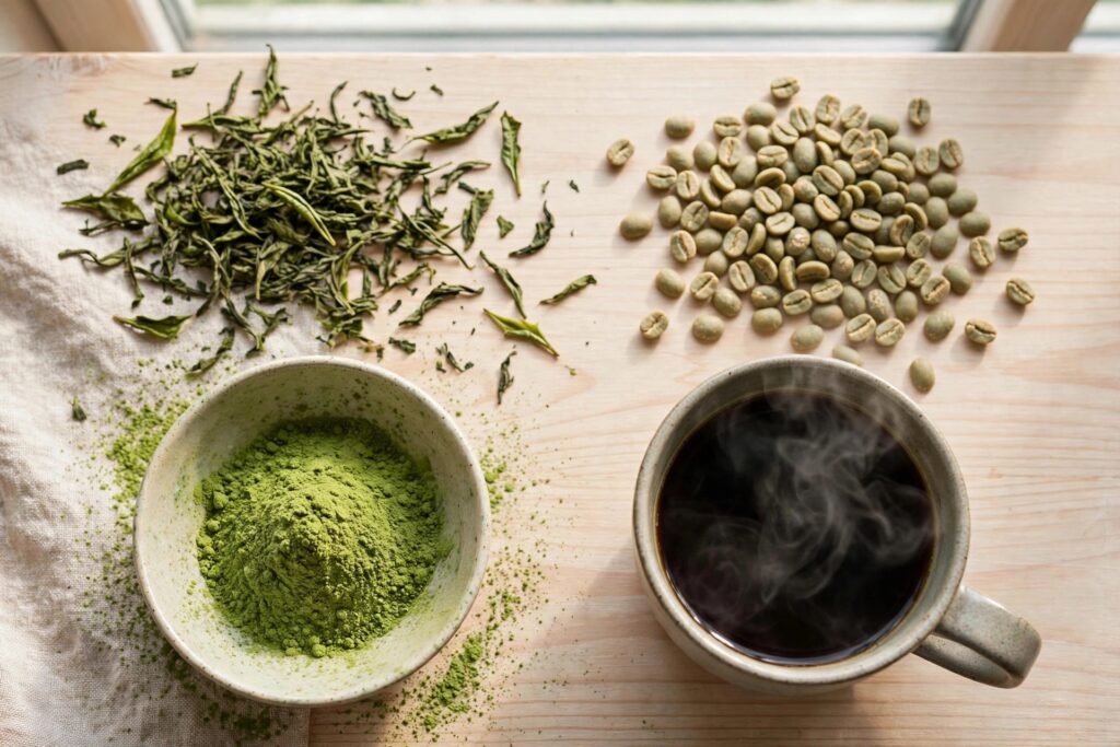 Flat-lay of green tea leaves, coffee beans, matcha, and a coffee cup showing Java Burn ingredients