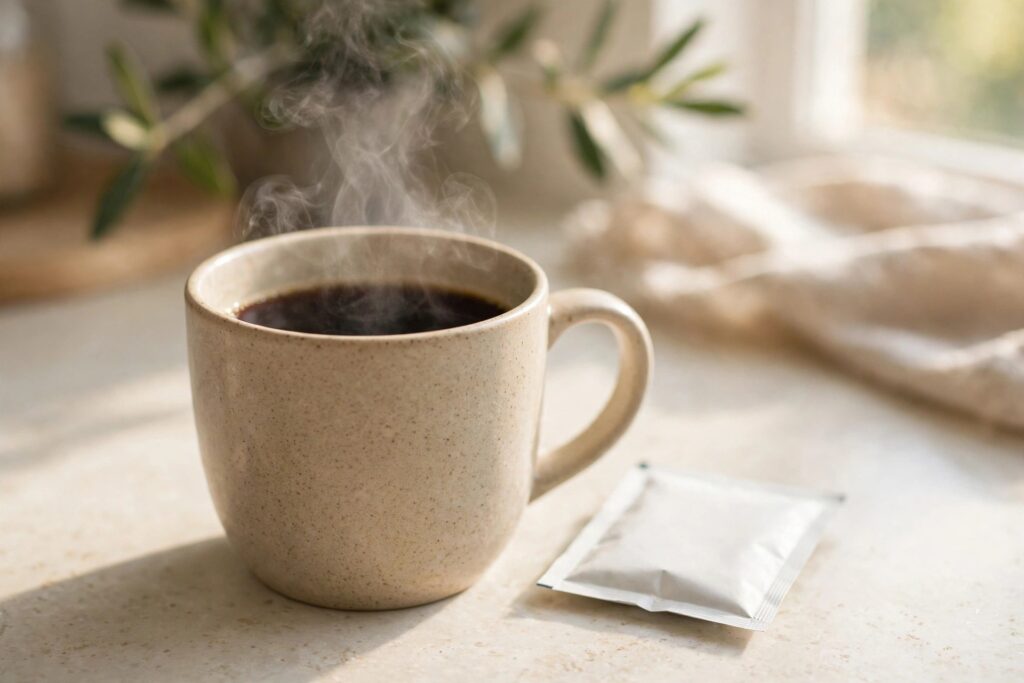 Steaming coffee mug with Java Burn sachet beside it in a cozy morning ritual